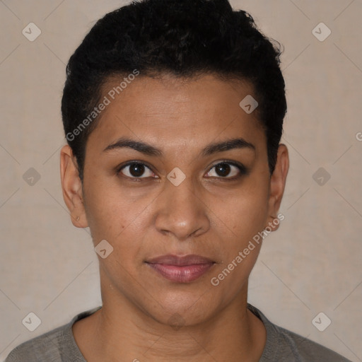 Joyful latino young-adult female with short  brown hair and brown eyes