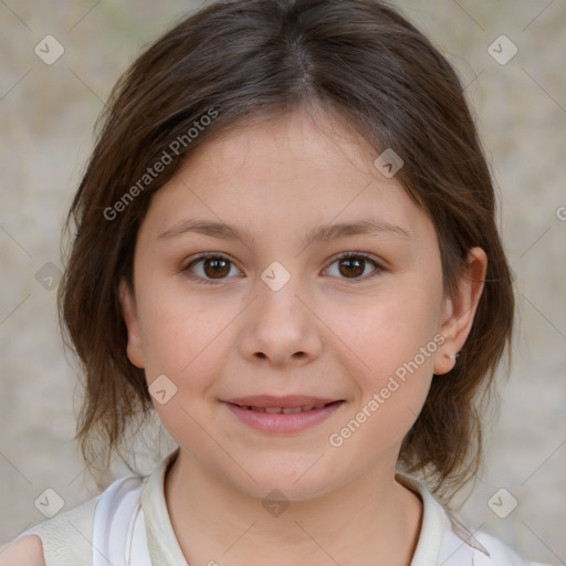 Joyful white child female with medium  brown hair and brown eyes