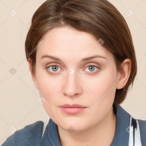 Neutral white young-adult female with medium  brown hair and grey eyes