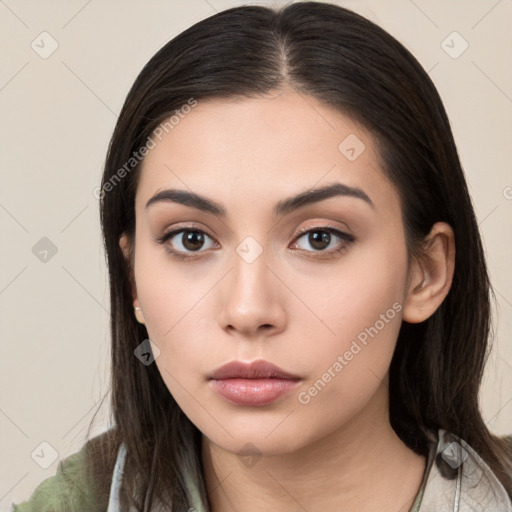 Neutral white young-adult female with medium  black hair and brown eyes