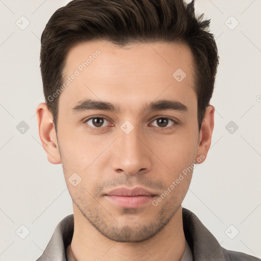 Neutral white young-adult male with short  brown hair and brown eyes