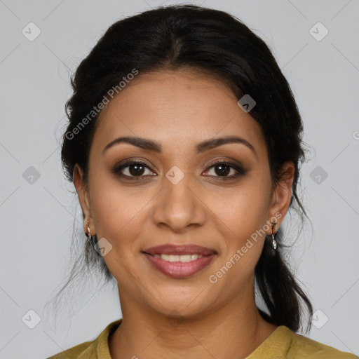 Joyful latino young-adult female with medium  brown hair and brown eyes