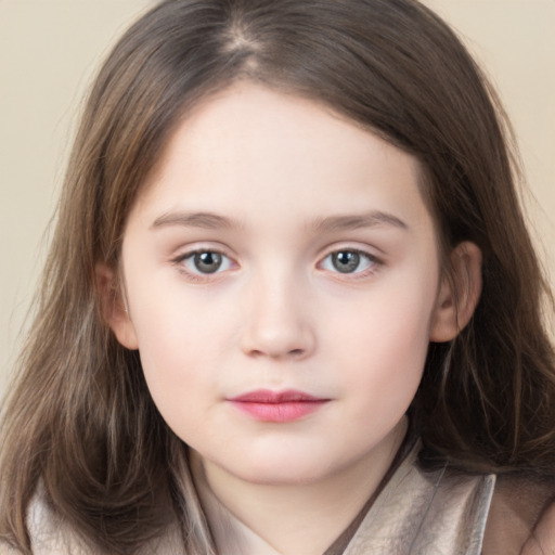 Neutral white child female with long  brown hair and brown eyes