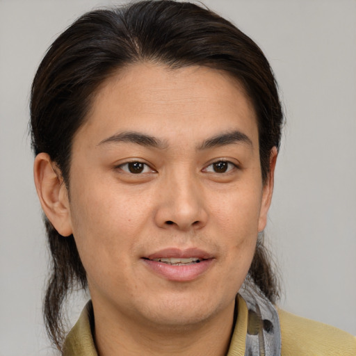 Joyful white young-adult male with medium  brown hair and brown eyes