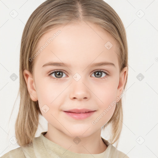 Joyful white child female with medium  brown hair and grey eyes