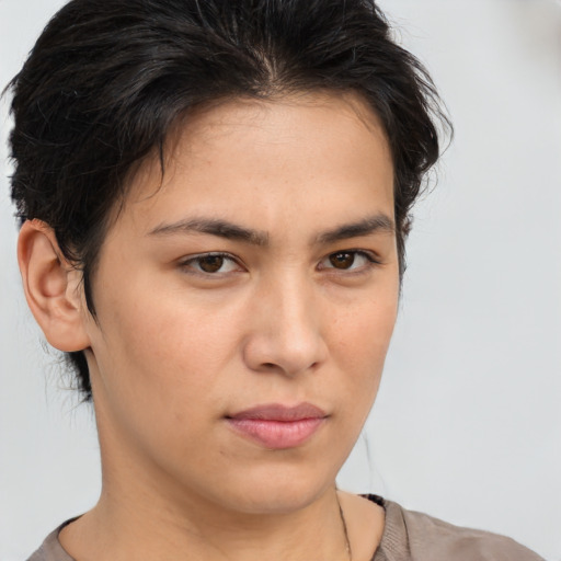 Neutral white young-adult female with medium  brown hair and brown eyes