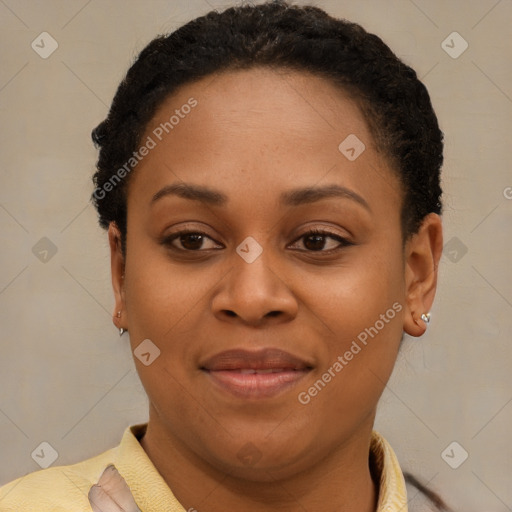 Joyful latino young-adult female with short  brown hair and brown eyes