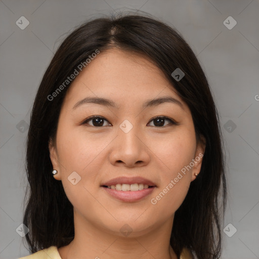 Joyful asian young-adult female with medium  brown hair and brown eyes