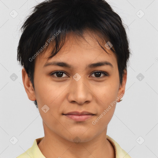 Joyful asian young-adult female with short  brown hair and brown eyes