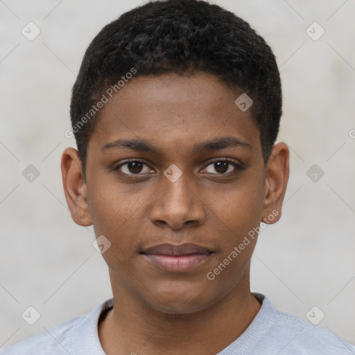 Joyful black young-adult male with short  brown hair and brown eyes