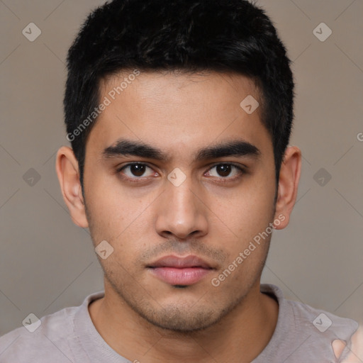 Neutral latino young-adult male with short  black hair and brown eyes