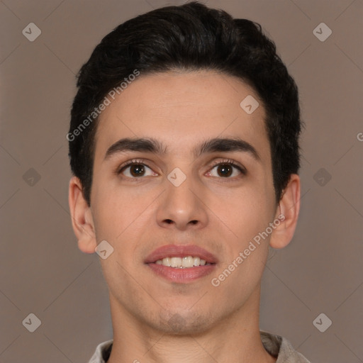 Joyful white young-adult male with short  black hair and brown eyes