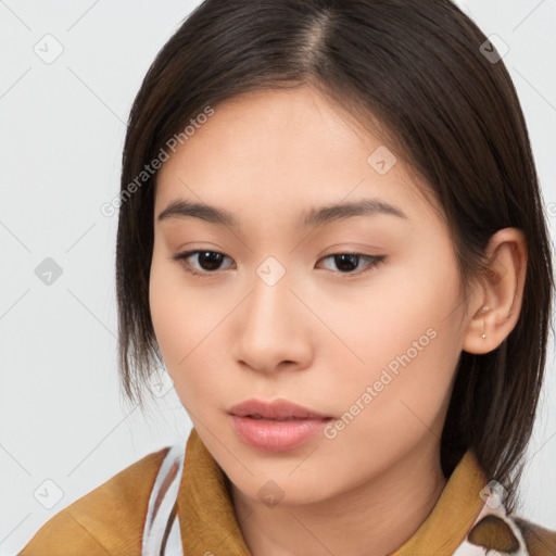 Neutral white young-adult female with medium  brown hair and brown eyes