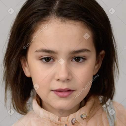 Joyful white child female with medium  brown hair and brown eyes