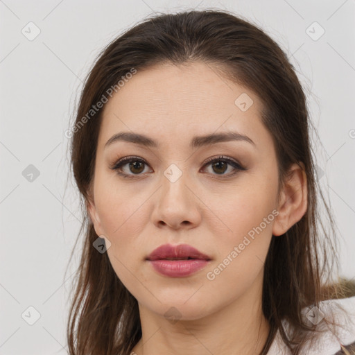 Neutral white young-adult female with medium  brown hair and brown eyes