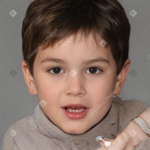 Joyful white child male with short  brown hair and brown eyes