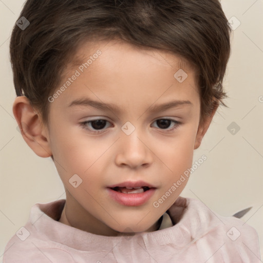 Joyful white child female with short  brown hair and brown eyes