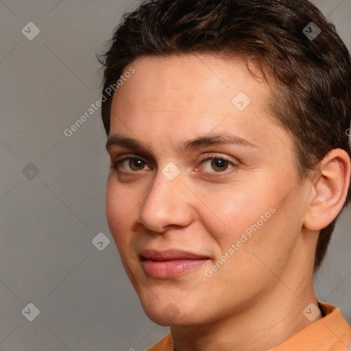 Joyful white adult female with short  brown hair and brown eyes