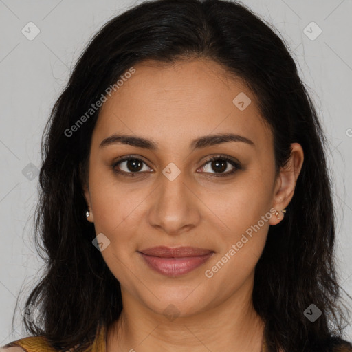 Joyful latino young-adult female with long  brown hair and brown eyes