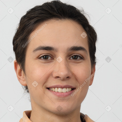 Joyful white young-adult female with short  brown hair and brown eyes