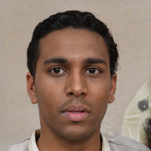 Neutral latino young-adult male with short  black hair and brown eyes