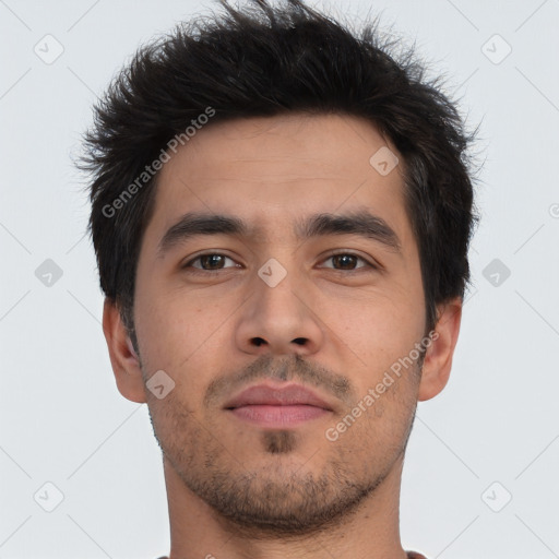 Neutral asian young-adult male with short  brown hair and brown eyes