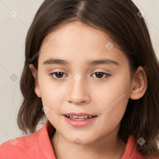 Joyful white child female with medium  brown hair and brown eyes