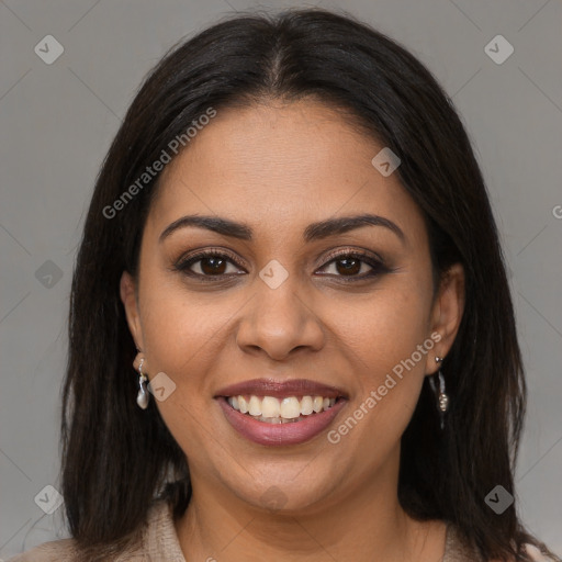 Joyful latino young-adult female with long  brown hair and brown eyes