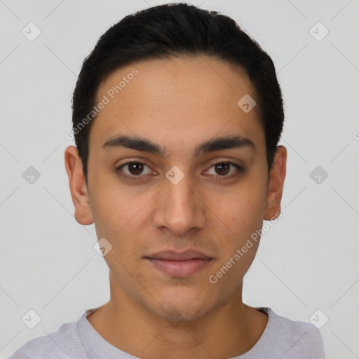 Neutral latino young-adult male with short  black hair and brown eyes