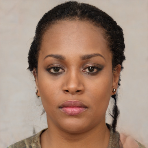 Neutral black young-adult female with short  black hair and brown eyes