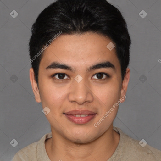 Joyful asian young-adult male with short  brown hair and brown eyes