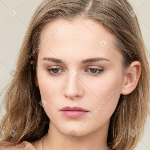 Neutral white young-adult female with long  brown hair and grey eyes