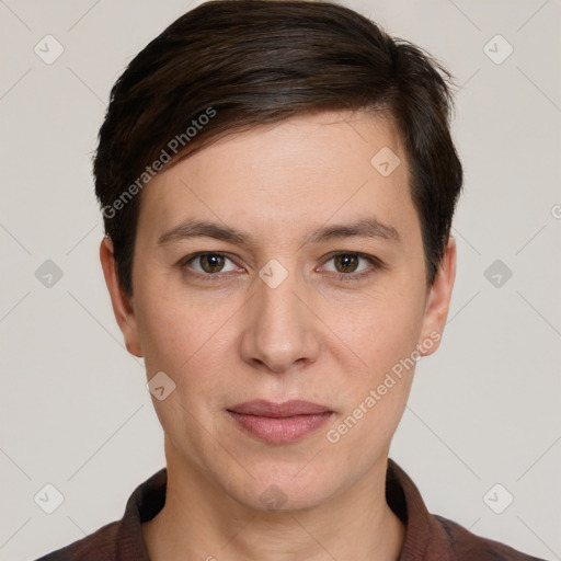 Joyful white young-adult female with short  brown hair and grey eyes