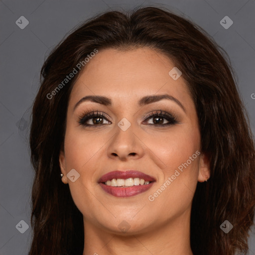 Joyful white young-adult female with long  brown hair and brown eyes