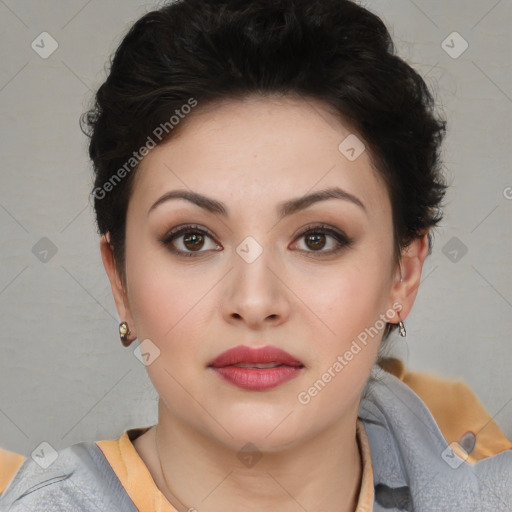 Neutral white young-adult female with short  brown hair and brown eyes