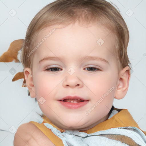 Joyful white child female with medium  brown hair and blue eyes