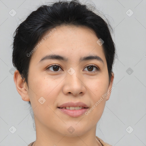 Joyful asian young-adult female with medium  brown hair and brown eyes