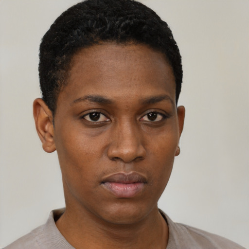 Neutral black young-adult female with short  black hair and brown eyes