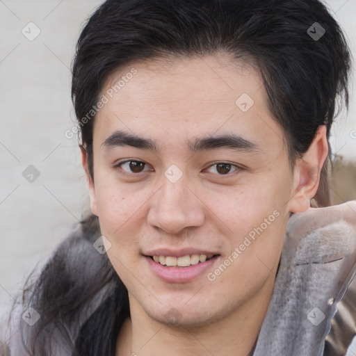 Joyful white young-adult male with medium  brown hair and brown eyes