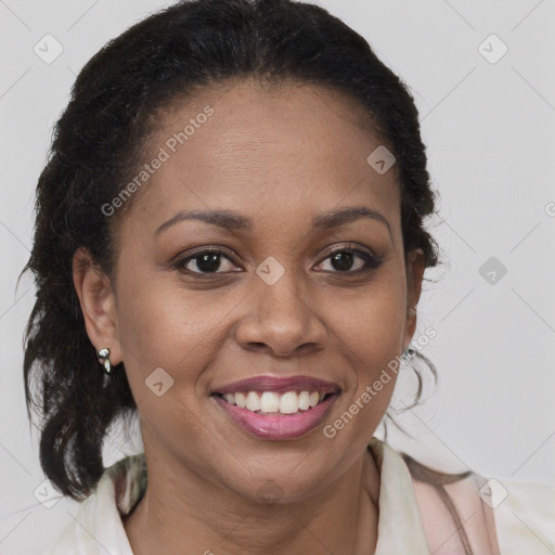 Joyful black young-adult female with medium  brown hair and brown eyes