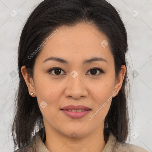 Joyful asian young-adult female with medium  brown hair and brown eyes