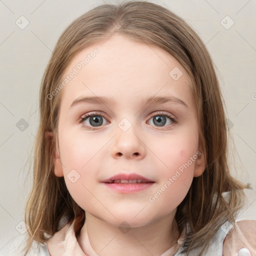 Neutral white child female with medium  brown hair and blue eyes