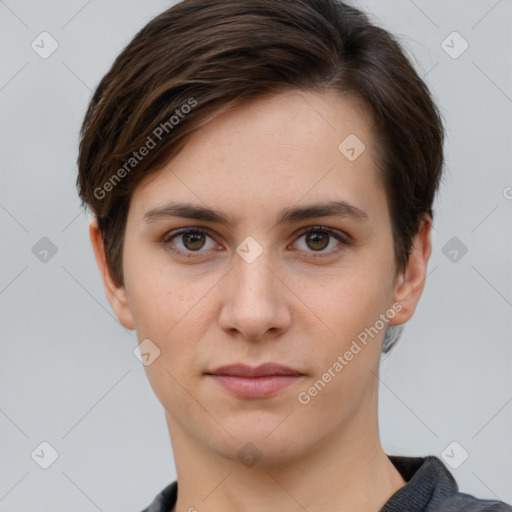 Neutral white young-adult female with short  brown hair and brown eyes