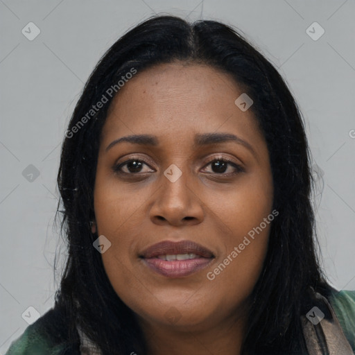 Joyful asian young-adult female with long  black hair and brown eyes