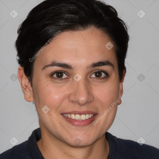 Joyful white young-adult female with short  brown hair and brown eyes