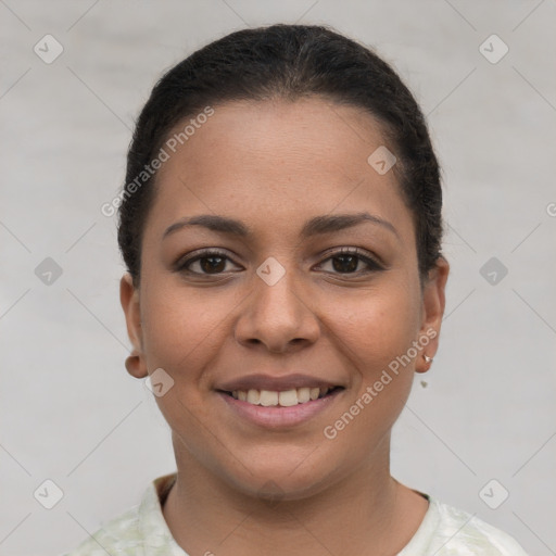 Joyful white young-adult female with short  brown hair and brown eyes