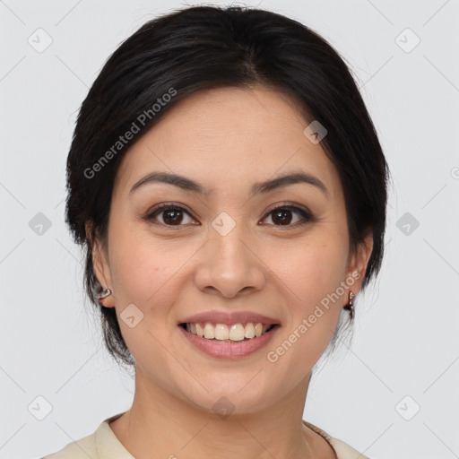 Joyful white young-adult female with medium  brown hair and brown eyes