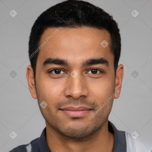 Neutral latino young-adult male with short  black hair and brown eyes