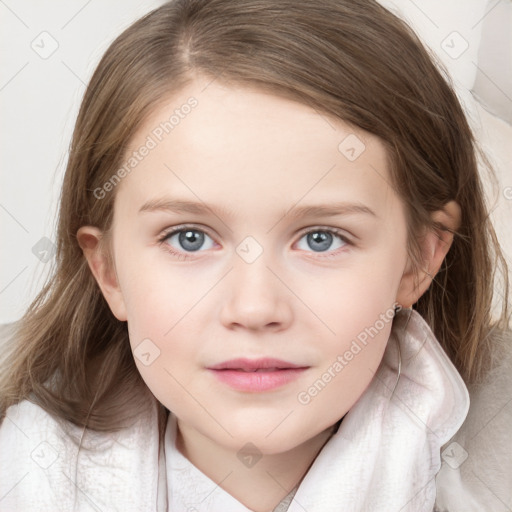 Neutral white child female with medium  brown hair and blue eyes