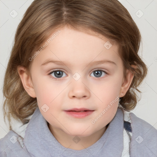 Neutral white child female with medium  brown hair and grey eyes